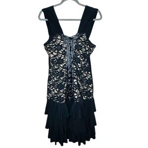 Venus Womens Black Lace Up Corset Dress Ruffle Hem Sz L Goth Vamp Dark Romantics